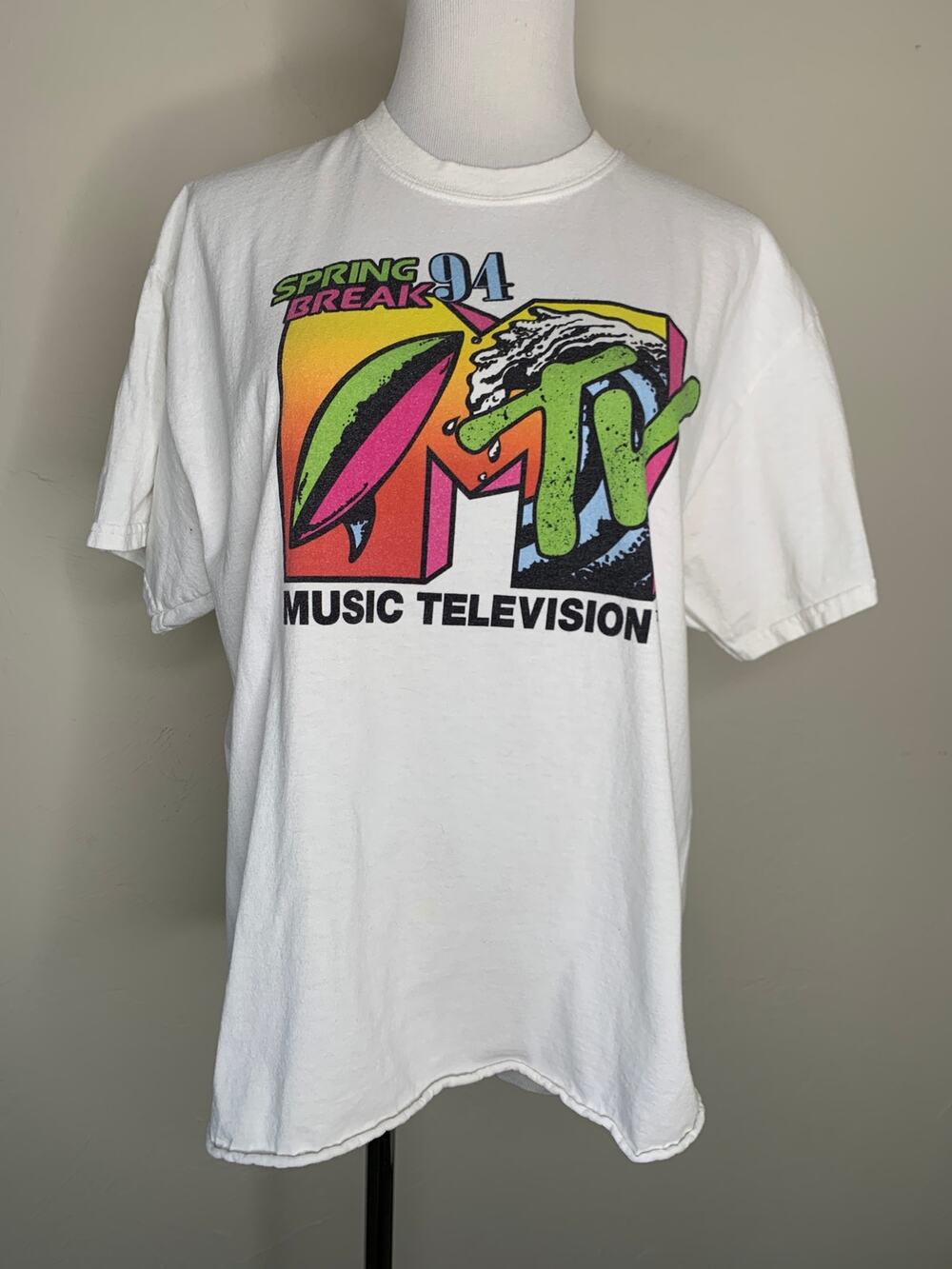 MTV 1994 T Shirt Sz Large White Stained Front Graphic Tee Bright